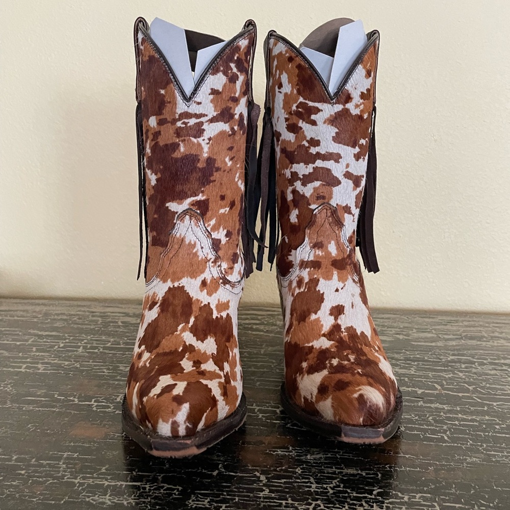 TONY LAMA White Brown Rust Cow Pony Print Calf Hair Western Cowgirl Leather Boot - Picture 5 of 16